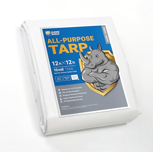 GUARD SHIELD Heavy Duty Tarp 12x12 Feet White Multi Purpose Thick Waterproof Poly Tarp Cover 10mil - color: White, size: 12x12
