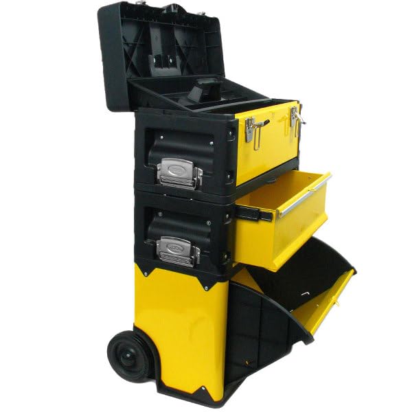 Portable Tool Box on Wheels - Stackable 3-in-1 Chest for Workshops and Craft Rooms - Foldable Comfort Handle and Latches by Stalwart (Black/Yellow) - style: 3-in-1