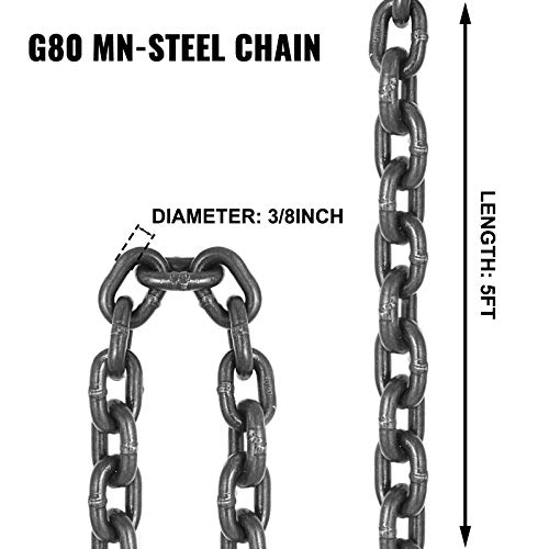 VEVOR Chain Sling, 3/8-inch x 5-ft Double-Leg Lifting Chains with Grab Hooks, 4-ton Capacity Lifting Slings, G80 Alloy Steel Double-Leg Slings - size: 3/8 Inch x 5FT