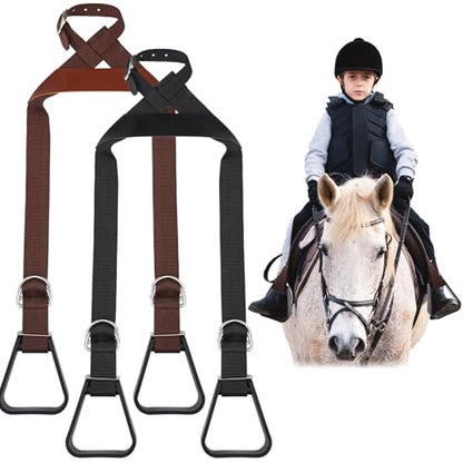 Simgoing Kids Western Stirrups Adjustable Nylon Straps Equestrian Safety Stirrups for Youth Riding Accessories, Height Below 140 cm - color: Black, Brown