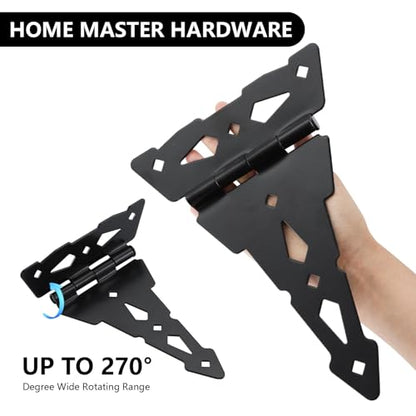 HOME MASTER HARDWARE 8" Heavy Duty Gate Hinges, 4 Pack T Strap Hinges | Outdoor Hinges for Wood Fence, Barn and Shed Door, Rotate 270 Degrees, Included Screws, 50LBS Capacity, Steel, Black Finish