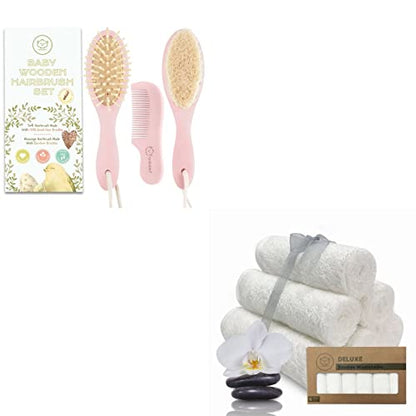 Keababies Baby Hair Brush and Comb Set and Baby Washcloths - Wooden Brush with Soft Goat Bristle - Organic Towels and Washcloths for Newborns, Infants, Kids