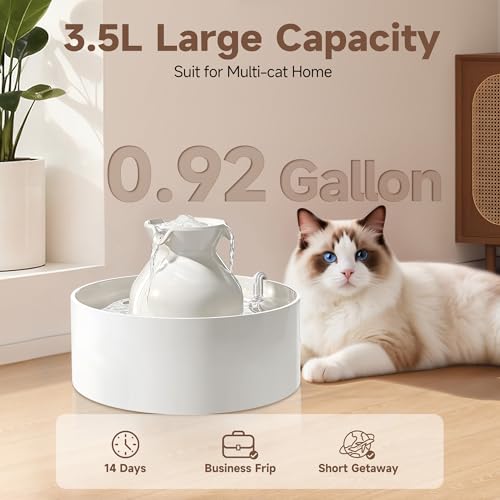 PETIMI Ceramic Cat Water Fountain, 3L/101 fl oz Ultra-Quiet Pet Water Fountain, Automatic Water Dispenser for Cats & Small Dogs, No Spill Cat Water Bowl, BPA-Free, 2 Filters Included, Easy to Clean