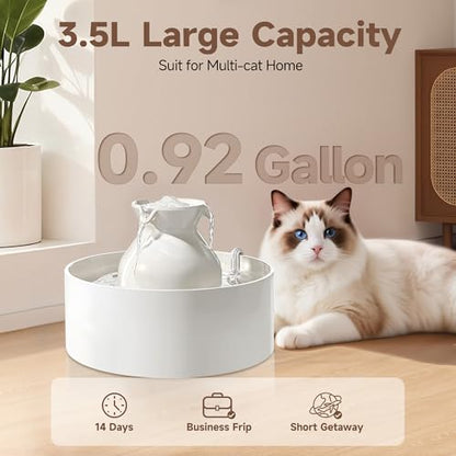PETIMI Ceramic Cat Water Fountain, 3L/101 fl oz Ultra-Quiet Pet Water Fountain, Automatic Water Dispenser for Cats & Small Dogs, No Spill Cat Water Bowl, BPA-Free, 2 Filters Included, Easy to Clean