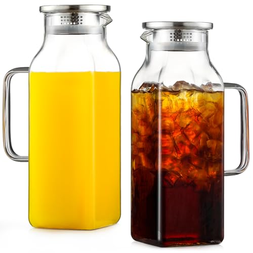 Netany 2 Pack 2.22 Liters/75 oz Square Glass Pitcher with Lid and Handle for Fridge, Iced Tea and Coffee Carafe Beverage Serveware, Heat Resistant Borosilicate Water Jug for Hot/Cold Drinks and Milk - size: 75 oz Clear