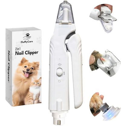 2-in-1 Dog & Cat Nail Clipper and Grinder with Light - USB Rechargeable Pet Nail Trimmer with Safety Guard for Thick Nails, Quiet Professional Grooming Tool - color: white