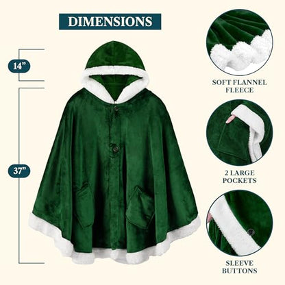 PAVILIA Hooded Blanket Poncho for Women, Fleece Wearable Shawl Wrap, Green | Fleece Shawl Wrap with Hood, Adult Wearable Blanket, Cozy Warm Poncho Cape Throw with Pockets, Gift for Elderly Mom - color: Green