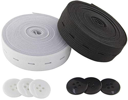 Flat Sewing Band Spool with Buttonholes, Elastic Stretchable, Ideal for DIY Waistbands and Necklines (Black & White, 3/4" × 3 Yds Each) - color: Black & White, size: 3/4" × 3 Yds each