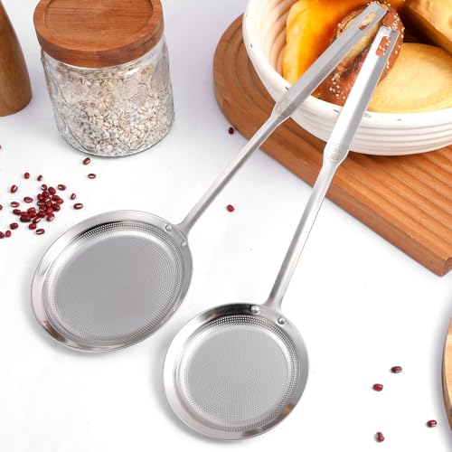 2 Pack Fine Mesh Stainless Steel Colander Filte Grease Foam Extra Fine Strainer with Handle Sieve Spoon for Oil Filter Food Strainers Kitchen Gadget for Oil Vegetable Quinoa Tea Juice (Large+Small)