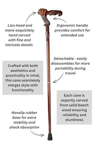 Hand Carved Wooden Walking Cane with Ergonomic Handle and Rubber Tip for Men and Women - Fashionable Unique Walking Stick for Seniors - 37 inch - style: Lion