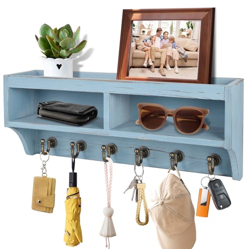 Key Holder Wall Mount with Mail Organizer, 6 Hooks & Shelf, Blue | Wood Key Holder Wall Mount with 6 Key Hooks, Shelf & Storage Box and Mail Organizer for Entryway, Apartment, Home and Office - color: Blue