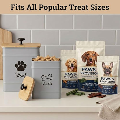 Dog Treat Container Set of 2 with Airtight Bamboo Lids - 8x6 & 7x5 inch | Fits All Popular Treats, Up to 20 Cups Combined Capacity, Airtight Bamboo Lid, Easy Open Lid, Dent-Resistant Durable Metal - color: Gray - Large