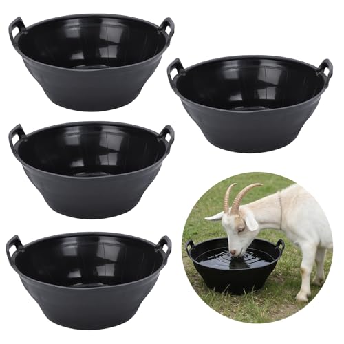 4pack Rubber Feed Pan, 12 Quart/3 Gallon | For Horses, Goats, Pigs, Heavy Duty Livestock Feeder, Chicken Dust Bath Tub Included, Farm Animal Feeding Bowl
