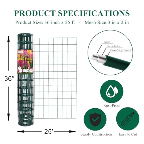 Green PVC Coated Welded Wire Fence 36" x 25' Roll, 2"x3" Mesh, 16 Gauge - color: Green, size: 2''x3'' 16GA 36''x25'
