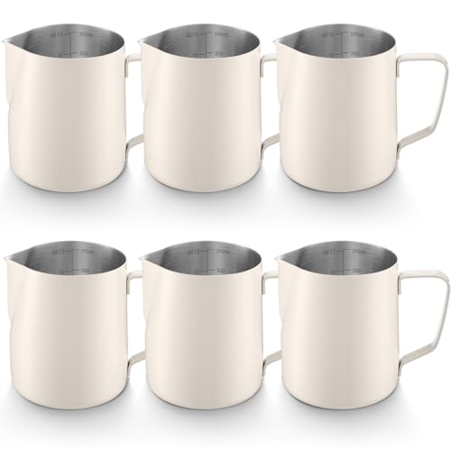 Honeydak 6 Pcs Milk Frothing Pitcher 304 Stainless Steel Steaming Pitchers for Coffee Bar Cappuccino Barista Tools Milk Jug Steamer Frother Cup (12 oz,White) - color: White, size: 12 oz