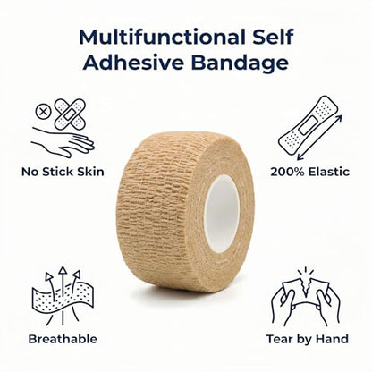 6 Pack Self Adhesive Bandages 1"x5yds, Elastic Cohesive Wrap Tape for Sports Injuries, First Aid, Ankle Wrist, No Clips or Sticky Residue, Breathable Skin Tone for Humans & Pets