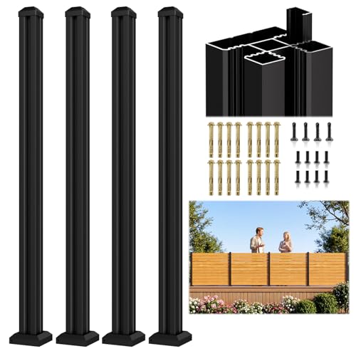 4 Pack 45" 3-Way Aluminum Fence Post, 1.8mm Thick Walls & 10mm Base - color: 4 Pack Black Fence Post, size: 45in