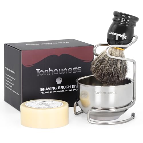 Shaving Brush Kit for Men, 4 in 1 Shaving Brushes Set Includes Badger Hair Shave Brush, Stainless Steel Shaving Bowl&Stand and Goat Milk Flavor Shaving Soap - color: Black-A