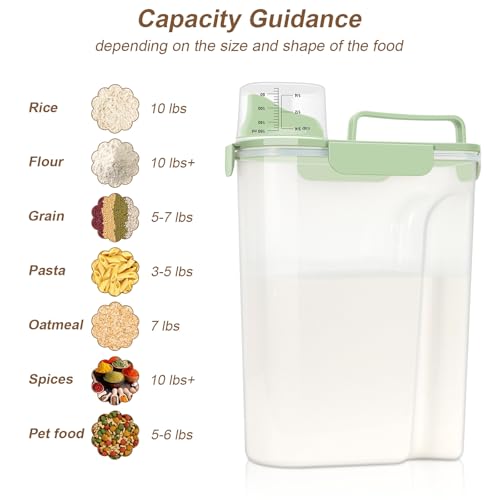 LEAWALK Airtight Rice Storage Container, Cereal Dry Food Flour and Sugar Bin, Dog Cat Food Dispenser with Measuring Cup, BPA Free Clear Plastic Kitchen (Green, 5L-1pack) - color: Green, size: 5L-1pack