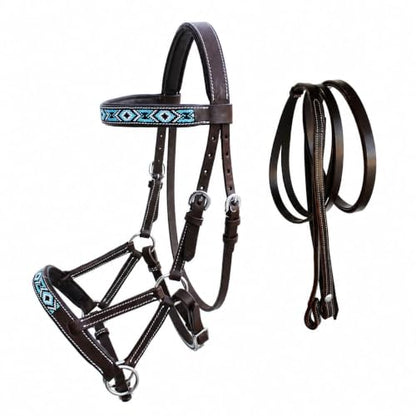 Horse Western English Leather Bitless Sidepull Bridle w/ Split Reins 77RS11 - color: Brown/Beaded
