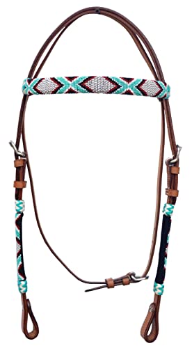 Western Horse Headstall Standard Size – Adjustable Hand Braided Genuine Leather Bridle with Rawhide Knotting, Stitched Accents & Multicolor Beads, Western Riding Tack, Brown