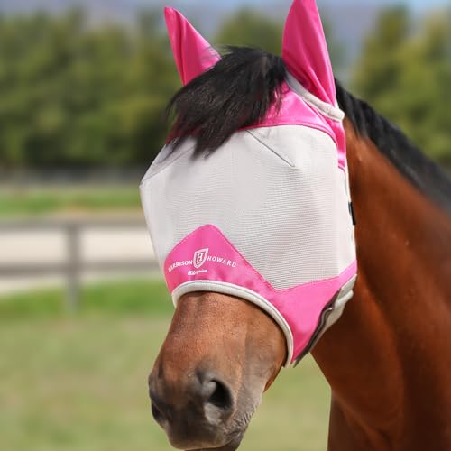 Harrison Howard Half Face Horse Fly Mask UV Protection and Breathable for Equine Use Comfortable Magenta L - color: Magenta-Grey, size: Large (Horse)