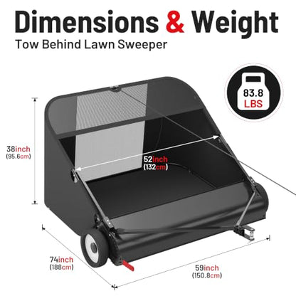 Suchtale 52 Inch Tow Behind Lawn Sweeper with 26 Cu Ft Hopper | 52 Inch Sweeping Path, 26 Cu Ft Hopper, Adjustable Brush Height, Dumping Rope, Steel Frame, Lawn Tractor Attachment - size: 52''