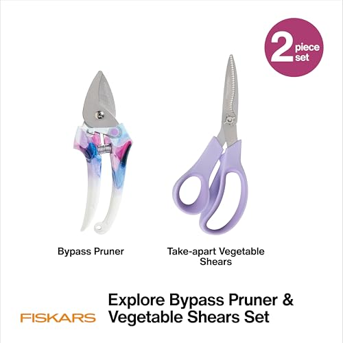 Fiskars 2-Piece Garden Tool Set, Pruning Shears & Vegetable Scissors | Explore Collection Bypass Garden Clippers, Vegetable Shears w/ Serrated Stainless Steel Blades for Harvesting Flowers & Herbs - style: Pruner & Veggie Shears Set