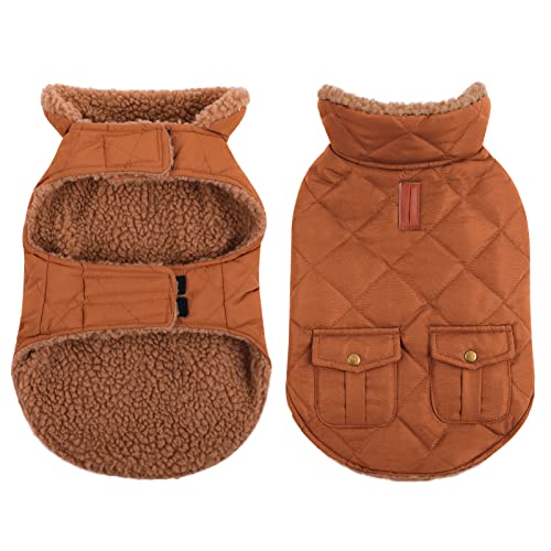 Queenmore Warm Puffer Dog Jacket Thick Plush Lining Winter Small Dog Coat - color: Brown, size: Small