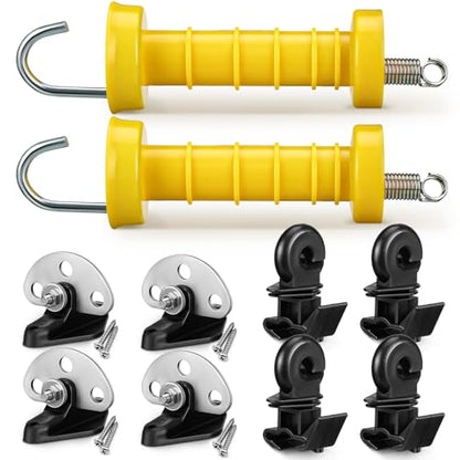 Tondiamo 2 Sets Electric Fence Gate Handle Set with Anchors and Insulators Including 2 Pcs Plastic Electric Fence Gate Handle with Spring, 4 Pieces Anchor Set, 4 Pieces Black Insulators