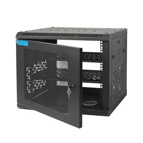 9U Wall Mount Server Cabinet with A Lockable Front Vented Door, Cooling Fans, Removable Side Panels - 45cm Depth, 19" Network Rack Including 2 PCS Full-Size Rack Shelves for IT Equipment - size: 9U/450mm Depth