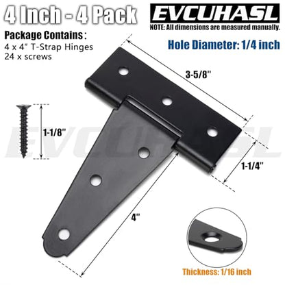4 Inch T-Strap Gate Hinges, Shed Barn Door Hinges Heavy Duty, Black Tee Hinges for Wooden Fences, Yard Gate, Wrought Hardware Iron Rustproof (4 Pack/Set) - size: 4 Inch