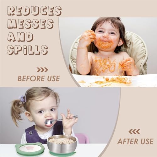 MR. CHOU Baby Bowls with Non-Slip Silicone Suction Cup, Insulated Double-Layer 18/8 Stainless Steel Toddler Bowls with BPA Free Airtight Lids, Food-Grade Silicone Safe for Kids (Green) - color: Green