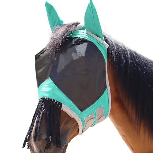 Harrison Howard CareMaster Horse Fly mask with Ears and Nose Fringe Fly Protector Defender Mask Summer Mint Full Size