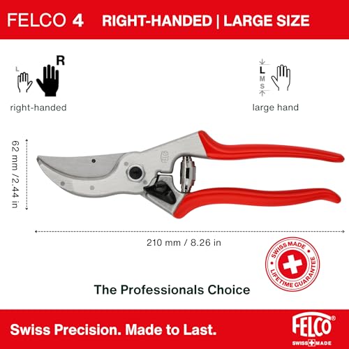 Felco F4 Pruning Shears – 9.25" Swiss-Made Garden Clippers for Pruning | Hand Pruners for Gardening | Garden Tool Cutter with Precision Bypass Blade, Aluminum Body, Replaceable Parts, Nut/Bolt Model - size: F4 Large Basic