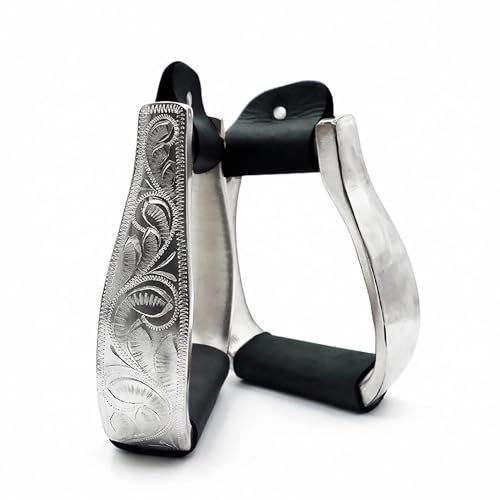 Western Horse Stirrups Heavy Duty Cast Aluminum 4.9" Hand Engraved Polished Real Leather Tread for Equestrian Riding, Brown/Black - color: Black