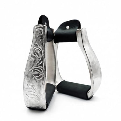 Western Horse Stirrups Heavy Duty Cast Aluminum 4.9" Hand Engraved Polished Real Leather Tread for Equestrian Riding, Brown/Black - color: Black