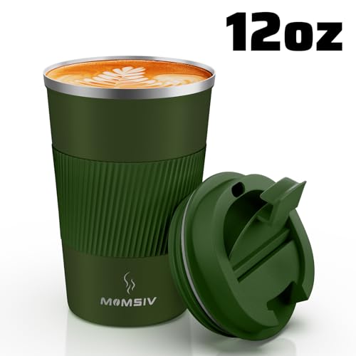 MOMSIV 12oz Travel Coffee Mug, Insulated Coffee Cup with Leak Proof Lid - color: B-Dark Green-12oz