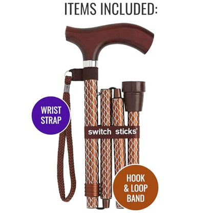 Switch Sticks Folding Walking Cane For Women & Men - color: Engraved Cognac