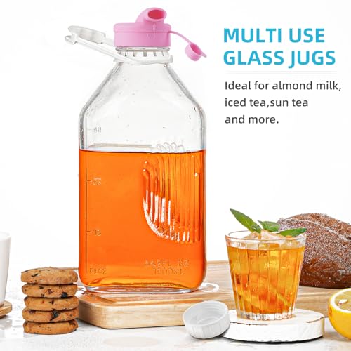 2 Pack 1/2 Gallon Glass Milk Bottles with Airtight Screw Lid & Handle & 2 Spouts - Heavy Duty Glass Water Bottles - Breastmilk Jug Pitcher with Scale Lines, Milk Container for Refrigerator Storage