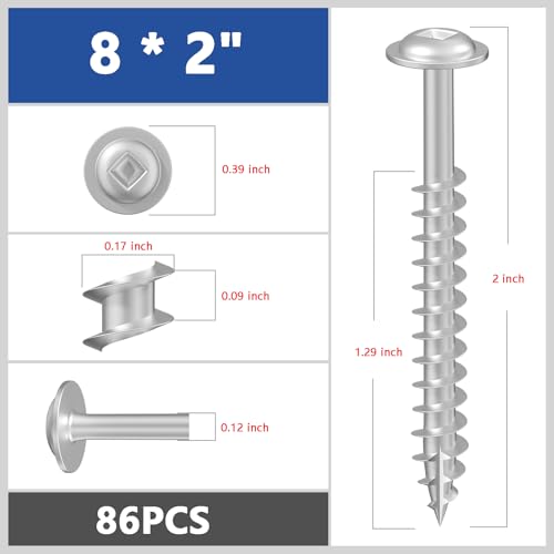 Wensilon (Silver) Pocket Hole Screws # 8 * 2" 91pcs 1lbs Square Hole Wood Screws and Round Head Square Hole self Tapping Screws are Suitable for Wooden use.150MM,60MM Drive bit Included. - color: Silver, size: 8*2"