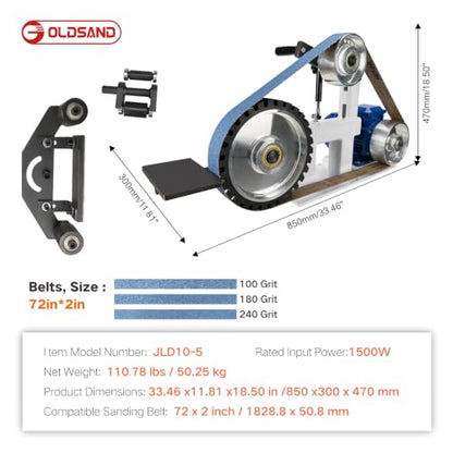 Belt Grinder Sander, 1500W 2HP Polishing Grinding Machine, 72x2 Inch Belts,Variable Speed Belt Polisher with VFD, 3 Grit Options, Arc/Circular/Flat Grinding, Industrial Metal Working Machine