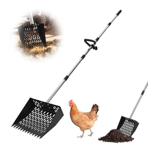 Garvee 9.8'' Chicken Poop Scooper and Rake, 2-in-1 Metal Chicken Coop Scoop with 24'' to 68.9'' Adjustable Stainless Steel Handle, Multifunctional Sifting Shovel for Coops and Small Farm Animals