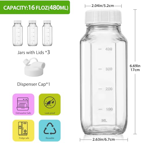 CUCUMI 3 Pack 16 Oz Glass Milk Container for Lunch Box | Glass Milk Bottles with Lids, Clear Juice Bottles with 1 Pour Spouts, Airtight Caps & Scale for Juicing Containers - color: 3pcs-16oz