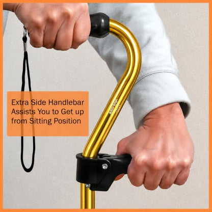 Walking Cane with 4 Prongs and Extra Side Handle – Adjustable, for Balance & Stability for Adults, Seniors, and Injured. - color: Gold