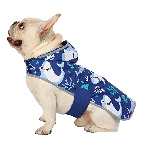 HDE 2-in-1 Reversible Dog Raincoat Hooded Poncho Rain Jacket Bl Sharks S - color: Sharks, size: Small