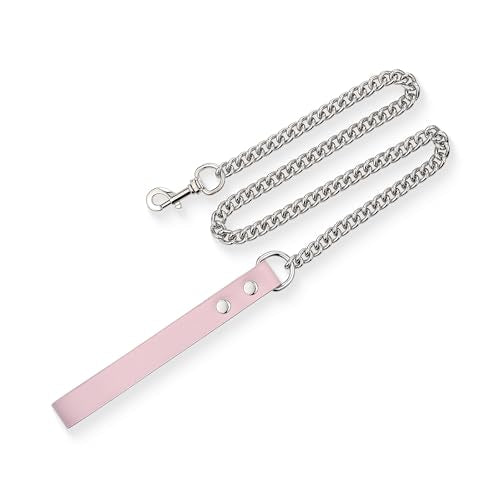 38" Aluminum Chain Leash with Leather Handle for Collar - color: Pink&Silver