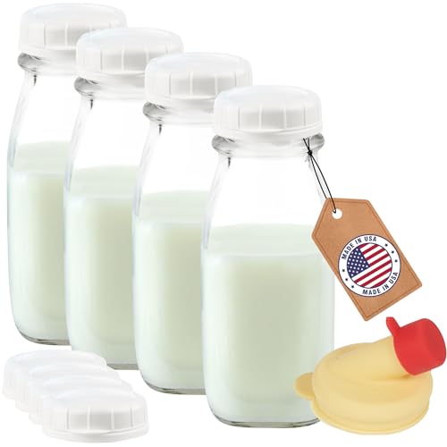 kitchentoolz 12 Oz Square Glass Milk Bottles with Lids (4 Pack) – Reusable Glass Creamer Bottles for Milk, Juice, and More – Includes Tamper-Proof Caps and One Silicone Pour Spout - size: 12 Ounce