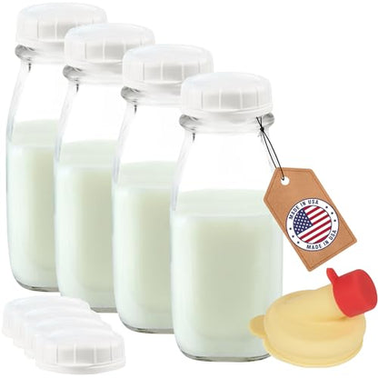 kitchentoolz 12 Oz Square Glass Milk Bottles with Lids (4 Pack) – Reusable Glass Creamer Bottles for Milk, Juice, and More – Includes Tamper-Proof Caps and One Silicone Pour Spout - size: 12 Ounce