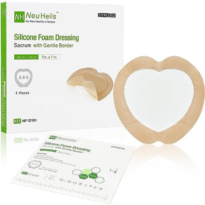 NeuHeils Sacrum Silicone Foam Dressing with Gentle Border 7”x7”, 5 Pack - size: 7''x7'' (Pack of 5)